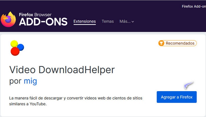 agregar Video DownloadHelper a firefox